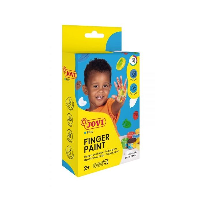 Jovi Finger Paint Estuche de 6 Botes Pintura de Dedos - Colores Mezclables - Textura Gelatinosa - Lavable - sin Gluten - No Toxico - Color Surtido