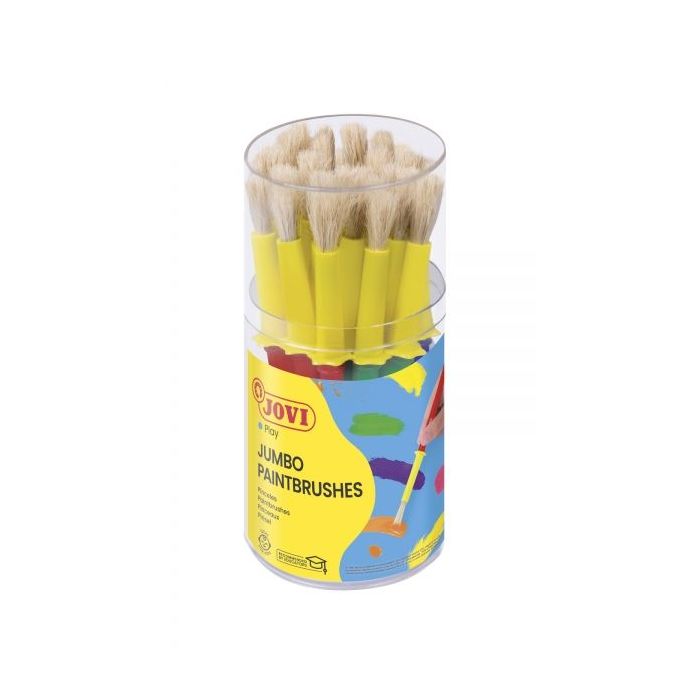 Jovi Jumbo Paint Brushes Bote 20 Pinceles Medianos Pelo Cerda - Gruesos de Pelo Natural - Mango de Plastico - No Gotean - Limpieza Facil - Sistema de Corona Antirrodamiento - Color Varios