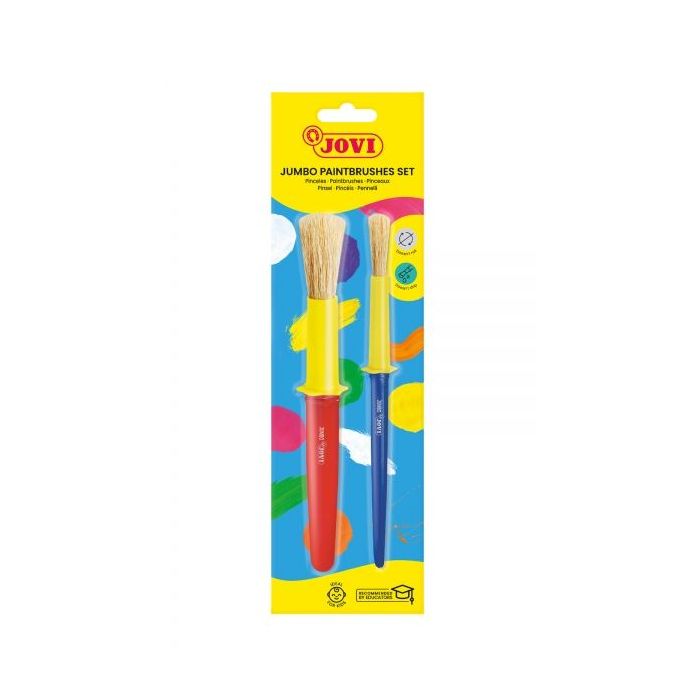 Jovi Jumbo Paint Brushes Pack 1 Pincel Mediano + 1 Pincel Grueso - Pelo Natural - Mango de Plastico - No Gotean - Facil Limpieza - Sistema de Corona Anti-Rodamiento - Color Varios