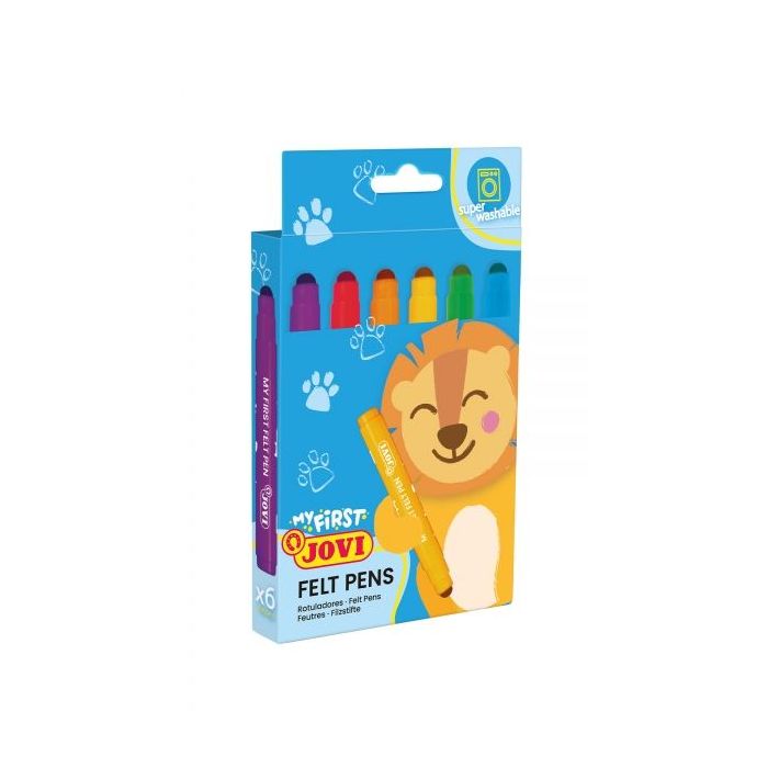 Jovi My First Felt Pen Estuche de 6 Rotuladores - Tinta Super Lavable - Tamaño Ideal para Manos Pequeñas - Punta Antihundimiento - Trazo Constante - Color Surtido
