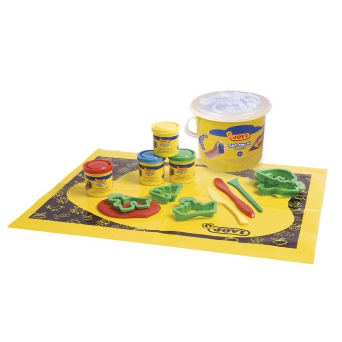 Jovi Soft Dough Blandiver Cubo 4 Botes 50gr + Accesorios - Blanda y Flexible - Facil de Amasar y Moldear - Ideal para Iniciacion al Modelaje - Color Varios
