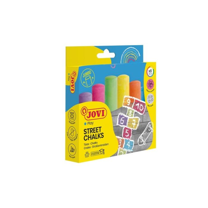Jovi Street Chalks Estuche de 6 Tizas Jumbo - Compactas - sin Polvo - Materias Primas Naturales - Trazos Nitidos - Faciles de Borrar - Resistentes - Color Surtido