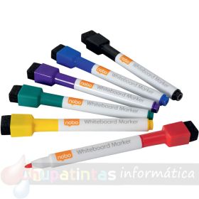 Nobo Mini Rotulador Pizarra Blanca con Tapa Borrador Magnética - 6 Colores Surtidos - Punta Fina 2mm-1