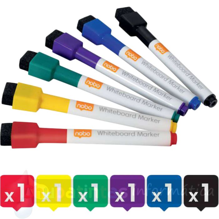 Nobo Mini Rotulador Pizarra Blanca con Tapa Borrador Magnética - 6 Colores Surtidos - Punta Fina 2mm-4
