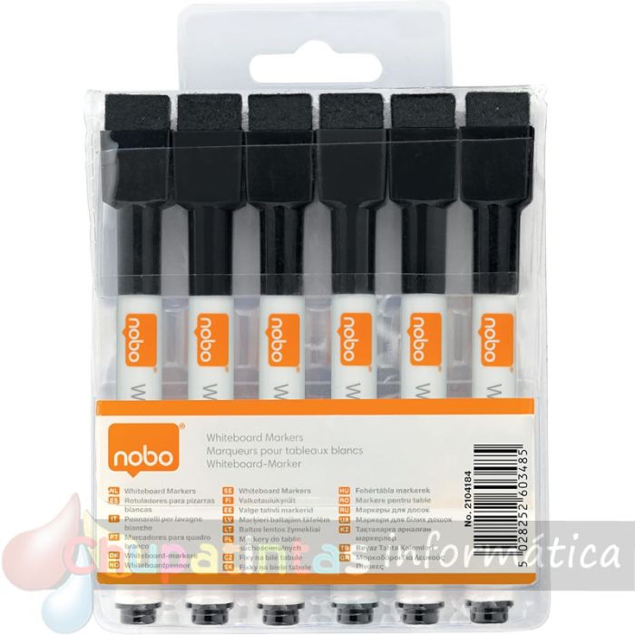 Nobo Mini Rotulador para Pizarra Blanca con Borrador - Punta Fina de 2mm - Paquete de 6 - Tinta Negra - Color Negro