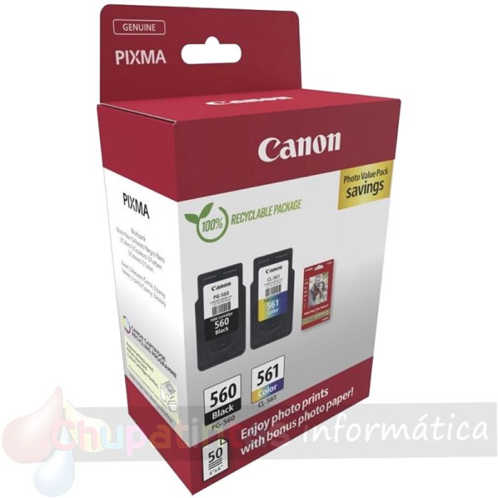 Canon PG560/CL561 Pack de 2 Cartuchos de Tinta Originales + Papel Fotográfico Brillante GP-501 - 3713C008-2