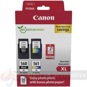 Canon PG560XL Negro + CL561XL Color Pack 2 Cartuchos de Tinta Originales - 50 Hojas de Papel Foto - 3712C008/3712C004-1