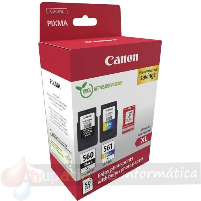 Canon PG560XL Negro + CL561XL Color Pack 2 Cartuchos Tinta Originales - 50 Hojas de Papel Fotográfico - 3712C008/3712C004-2