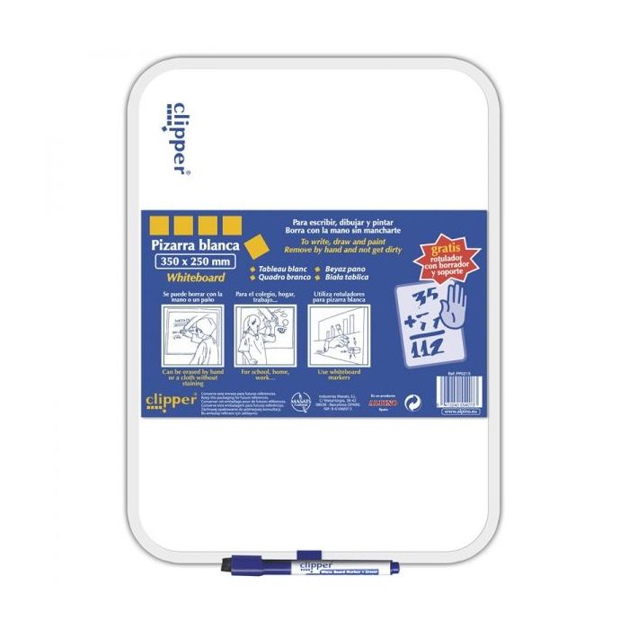 Alpino Clipper Pizarra Blanca 35x25cm - Una Cara Blanca y otra con Cuadricula - Borrado en Seco - Incluye Rotulador con Borrador - Color Blanco