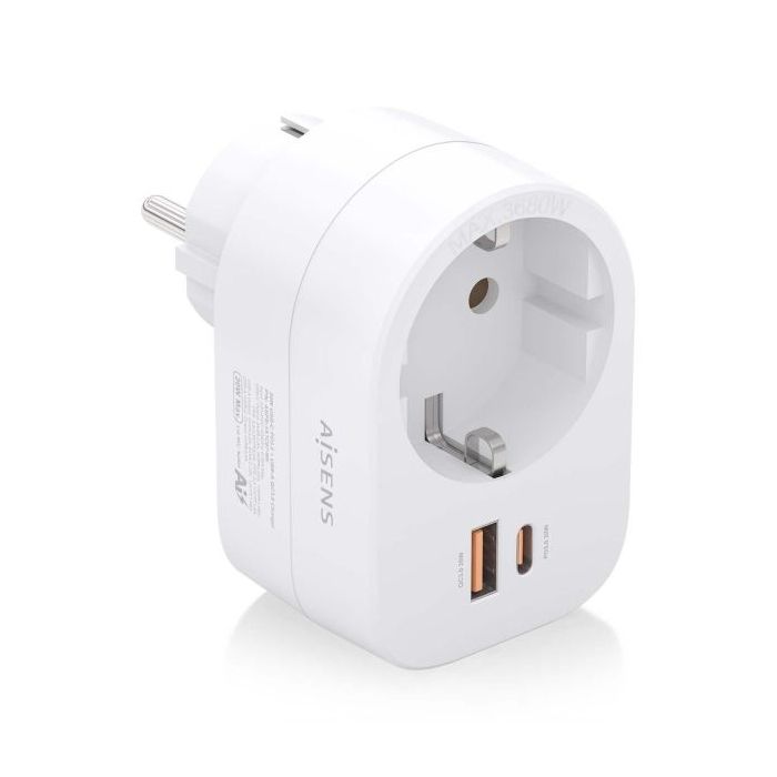 Aisens Regleta de Pared Multifuncion con 1 Toma + 1xUSB-C 20W PD3.0 - 1xUSB-A 20W QC3.0 - Color Blanco