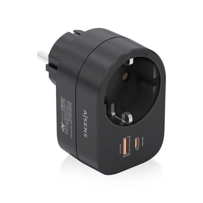 Aisens Regleta de Pared Multifuncion con 1 Toma + 1xUSB-C 20W PD3.0 - 1xUSB-A 20W QC3.0 - Color Negro