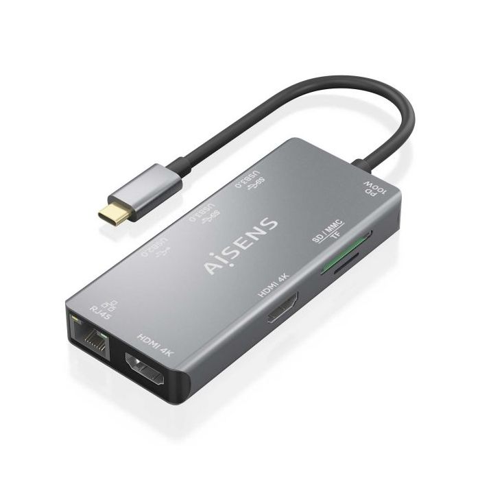 Aisens USB-C Dock 9 en 1 - USB-C a 2xHDMI - 1xRJ45 - 2xUSB-A USB3.0 - 1xUSB-A USB2.0 - 1xUSB-C PD - 1xSD - 1xMicro SD - 15cm - Color Gris