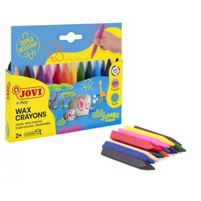 Jovi Triwax Estuche de 12 Ceras Triangulares - No Manchan - Trazo Suave - Gran Rendimiento - Apto para Sacapuntas - Libre de Alergenos - Colores Surtido