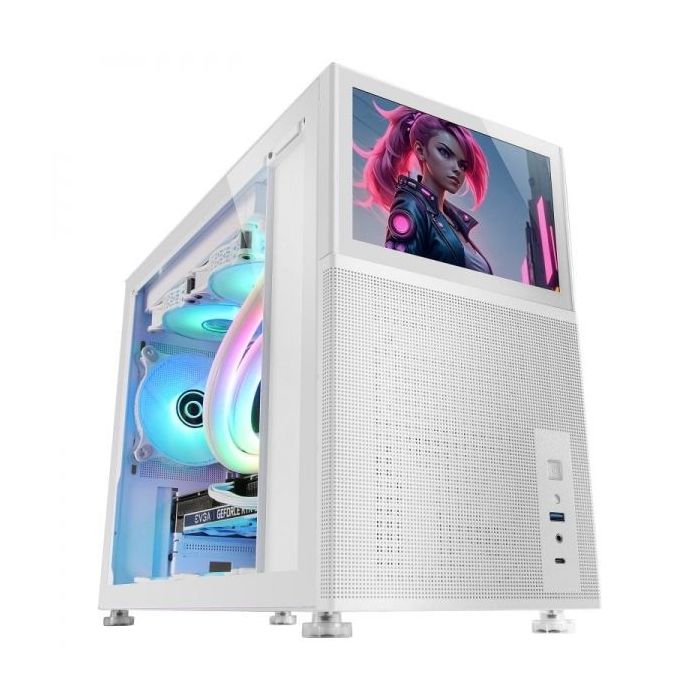 Mars Gaming MC-LCD Caja PC Gaming - Pantalla LCD IPS 8" - Soporte Refrigeracion Liquida - Conectividad USB-C y USB 3.0 - Espacio Expansion Amplio - Color Blanco