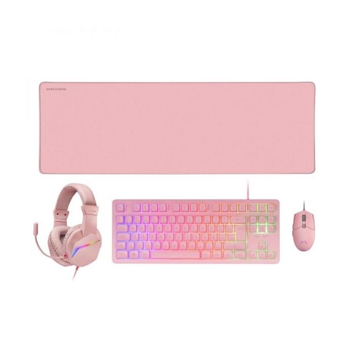Mars Gaming MCP-RGB3 Combo Gaming 4en1 - Teclado TKL H-Mech RED - Raton RGB 3200 DPI - Auriculares FRGB Cancelacion Ruido - Alfombrilla XXL Antideslizante - Color Rosa