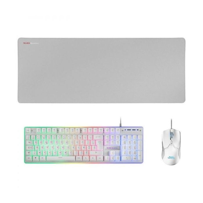 Mars Gaming MCPX Combo Gaming Premium - Teclado H-MECH - Raton 10K DPI - Alfombrilla XXL - Iluminacion FRGB - Multiplataforma - Color Blanco
