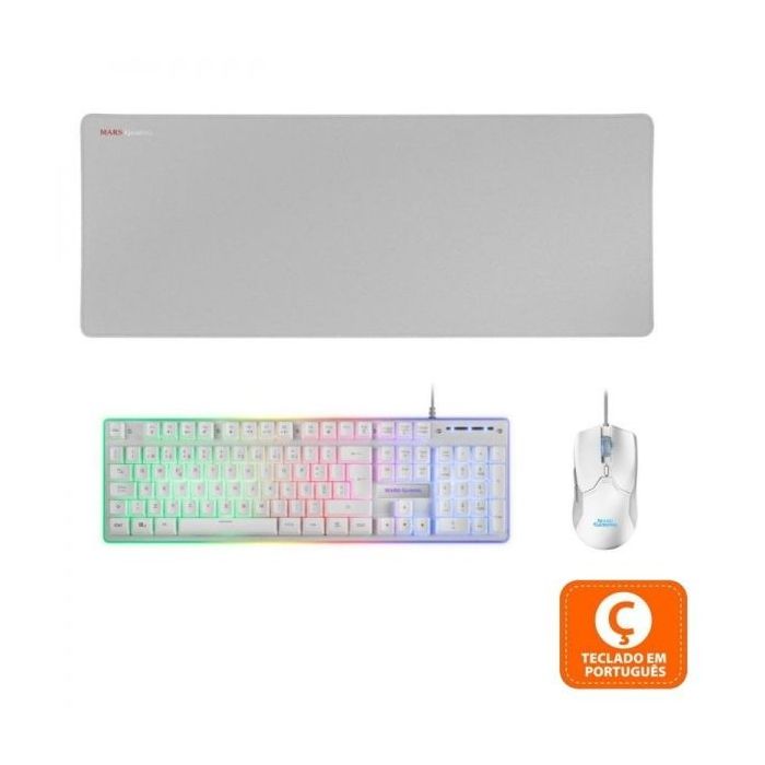 Mars Gaming MCPX Combo Gaming Premium - Teclado Hibrido H-MECH - Raton 10K DPI Ultra Ligero - Alfombrilla XXL - Iluminacion FRGB Rainbow - Color Blanco