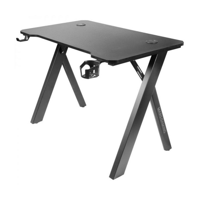 Mars Gaming MGD100RGB Mesa Gaming - Iluminacion RGB Control Remoto - Estructura Acero - Tablero Fibra de Carbono - Soportes Auriculares y Bebidas - Alfombrilla XXL - Color Negro