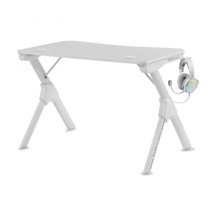 Mars Gaming MGDW Mesa Gaming - Estabilidad Imbatible - Acero y Fibra de Carbono - Gestion de Cableado - Soportes para Auriculares y Bebidas - Color Blanco