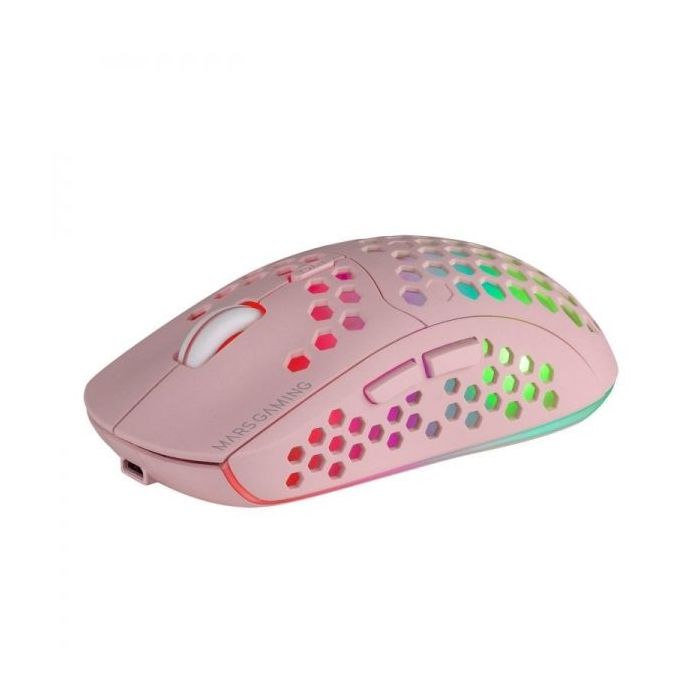 Mars Gaming MMW3 Raton Inalambrico Ultraligero - RGB Flow - Sensor Optico 3200 DPI - Switches HUANO - Bateria Recargable - Diseño Ergonomico Rosa - Color Rosa