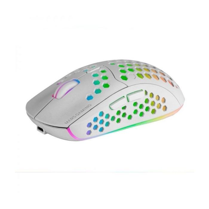 Mars Gaming MMW3 Raton Inalambrico Ultraligero - Iluminacion RGB Flow - Sensor Optico 3200 DPI - Switches Mecanicos HUANO - Bateria Recargable - Color Blanco