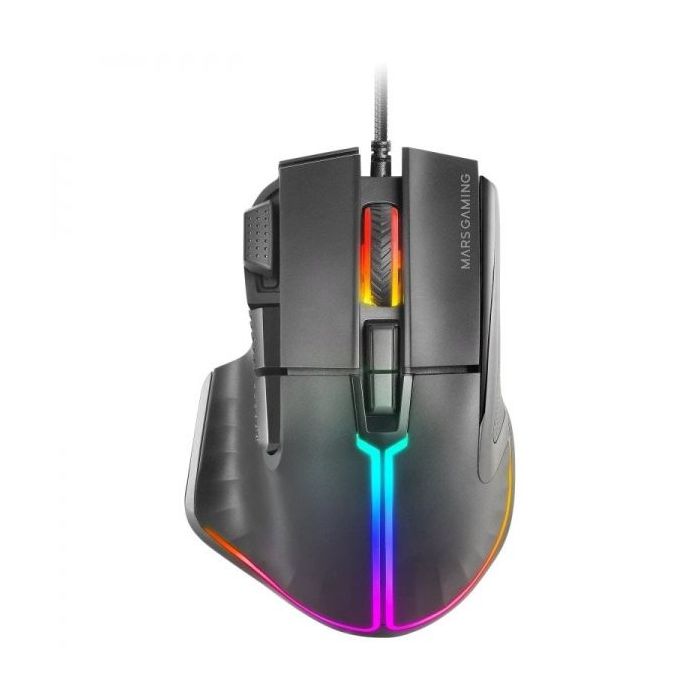 Mars Gaming MM-XT Raton Gaming - Iluminacion RGB - Sensor 12800 DPI - 9 Botones HUANO - Cable Feather Paracord - Compatible PC y Consolas - Color Negro