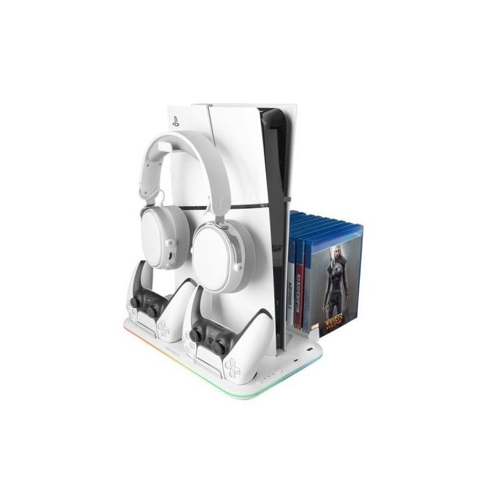Mars Gaming MPS5-B2 Soporte Multifuncion para PS5 - Carga Dual - Refrigeracion Silenciosa - Iluminacion RGB - Soporte Auriculares - Organizador 15 Juegos - Color Blanco