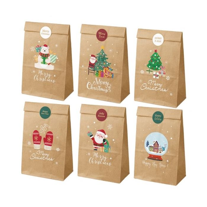 Dohe Navidad Pack de 12 Bolsas de Papel Kraft - 2 Bolsas por Modelo - Alta Resistencia