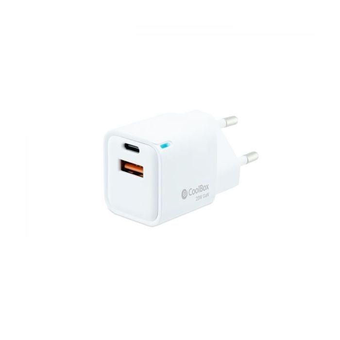Coolbox Cargador de Pared GaN 20W USB-C/USB-A Carga Rapida - Compacto - Dual USB - Eficiencia Energetica - Color Blanco