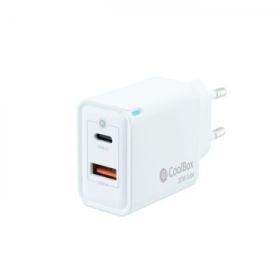 Coolbox Cargador de Pared GaN 30W USB-C/USB-A Carga Rapida - Compacto - Dual USB - Eficiencia Energetica. - Color Blanco