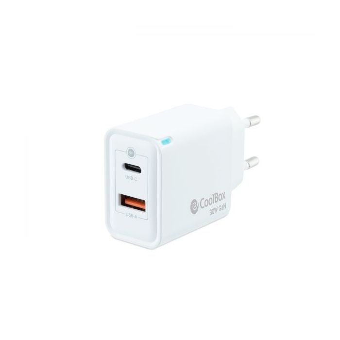 Coolbox Cargador de Pared GaN 30W USB-C/USB-A Carga Rapida - Compacto - Dual USB - Eficiencia Energetica. - Color Blanco