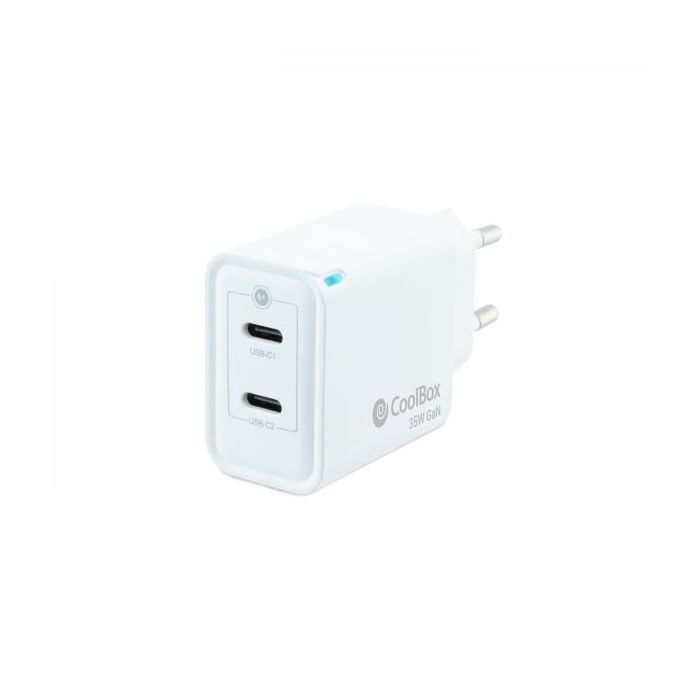 Coolbox Cargador de Pared GaN 35W USB-C/USB-C Carga Rapida - Compacto - Tecnologia GaN - Doble Puerto USB-C - Color Blanco