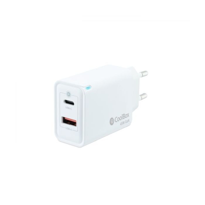 Coolbox Cargador de Pared GaN 45W USB-C/USB-A Carga Rapida - Compacto - Compatible con Multiples Dispositivos - Tecnologia Avanzada GaN - Color Blanco