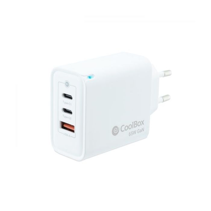 Coolbox Cargador de Pared GaN 65W USB-C/USB-C/USB-A Carga Rapida - Tecnologia GaN - Compatible con Multiples Dispositivos - Diseño Compacto. - Color Blanco