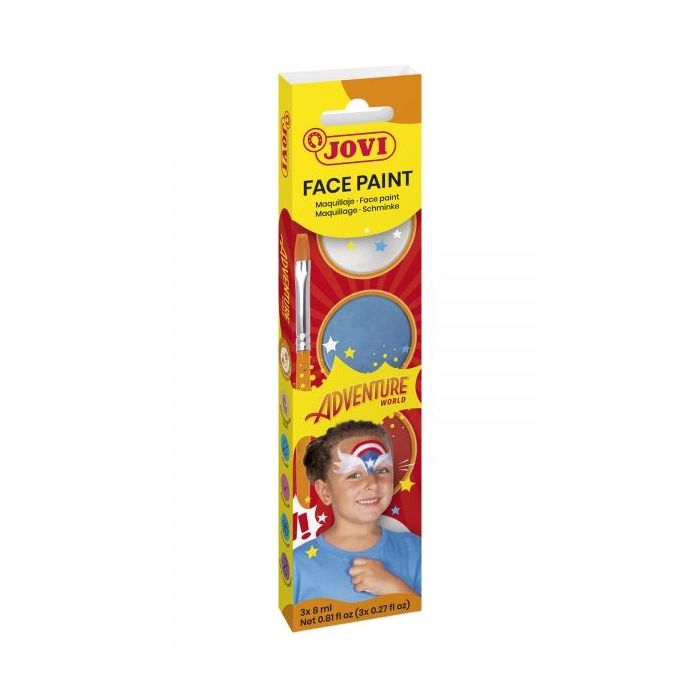 Jovi Adventure Estuche de 3 Botes 8ml Maquillaje Crema + Accesorios - Hipoalergenico - Facil Aplicacion - Base Grasa - Elimina sin Agua - Incluye Esponja y Pincel - Color Surtido