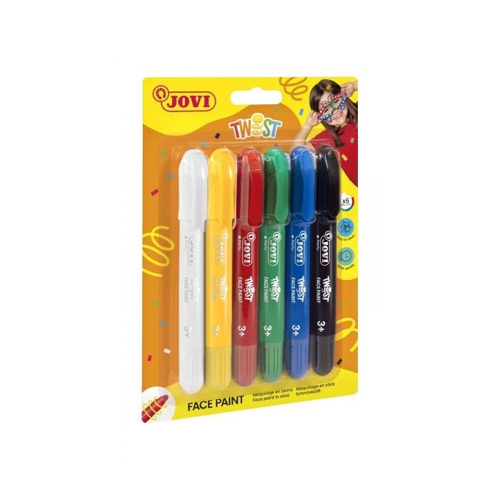 Jovi Twist Pack de 6 Stick Pintura de Cara - Base Agua - Gran Cobertura - Seca Rapido - Facil de Retirar - Hipoalergenico - Colores Surtidos