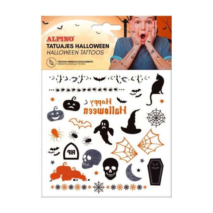 Alpino Pack de Tatuajes Halloween - Diseños Terrorificos - Colores Plata, Negro y Naranja