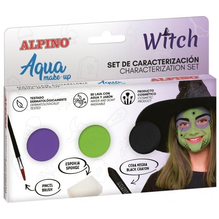 Alpino Aqua Make Up Set de Caracterizacion de Bruja - 3 Polveras + Cera Negra + Pincel + Esponja