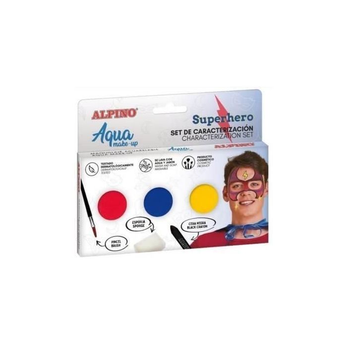 Alpino Aqua Make Up Set de Caracterizacion de Superheroes - 3 Polveras + Cera Negra + Pincel + Esponja