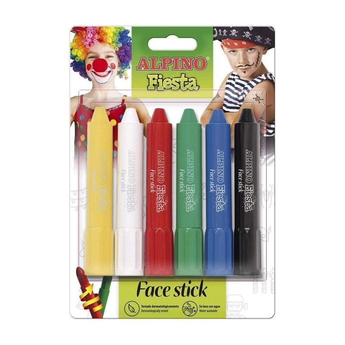 Alpino Fiesta Face Stick Pack con 6 Barritas de Pintura Facial - Sistema Retractil Giratorio - Se Lava con Agua - Testado Dermatologicamente
