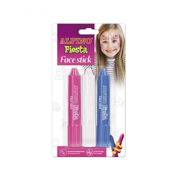 Alpino Fiesta Face Stick Pack con 3 Barritas de Pintura Facial - Sistema Retractil Giratorio - Se Lava con Agua - Testado Dermatologicamente