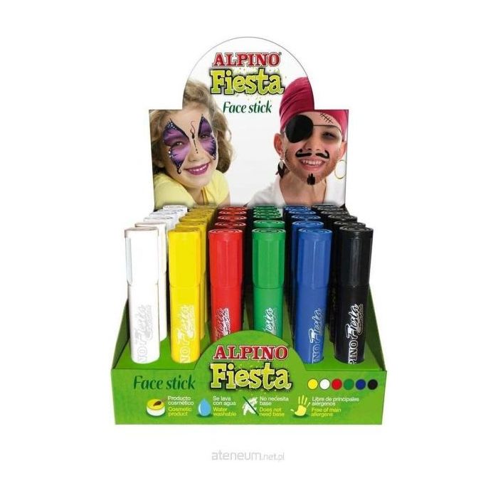 Alpino Fiesta Face Stick Expositor con 36 Barritas de Pintura Facial - Sistema Retractil Giratorio - Se Lava con Agua - Testado Dermatologicamente
