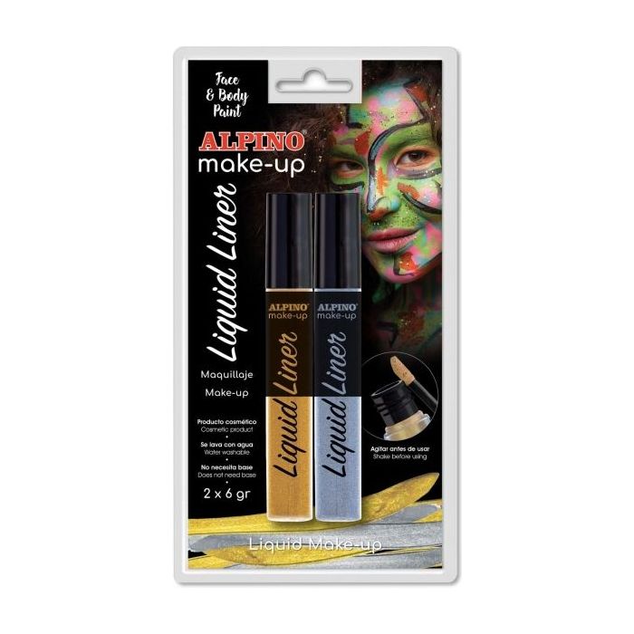 Alpino Make-up Liquid Liner Pack con 2 Botes de Maquillaje Liquido con Aplicador - Se Lava con Agua - Testado Dermatologicamente - Colores Oro y Plata