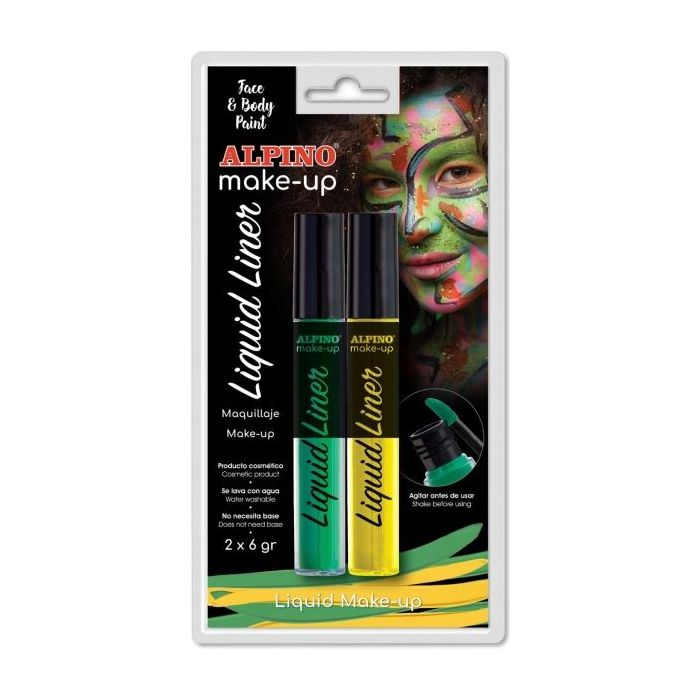 Alpino Make-up Liquid Liner Pack con 2 Botes de Maquillaje Liquido con Aplicador - Se Lava con Agua - Testado Dermatologicamente - Colores Amarillo y Verde