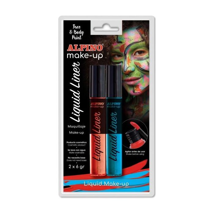 Alpino Make-up Liquid Liner Pack con 2 Botes de Maquillaje Liquido con Aplicador - Se Lava con Agua - Testado Dermatologicamente - Colores Azul y Rojo