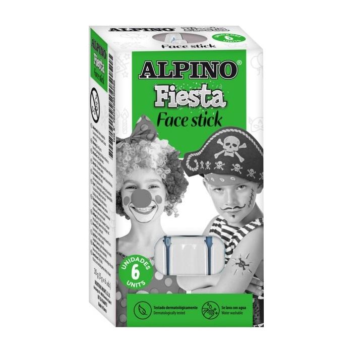 Alpino Fiesta Face Stick Pack con 6 Barritas de Pintura Facial - Sistema Retractil Giratorio - Se Lava con Agua - Testado Dermatologicamente - Color Blanco
