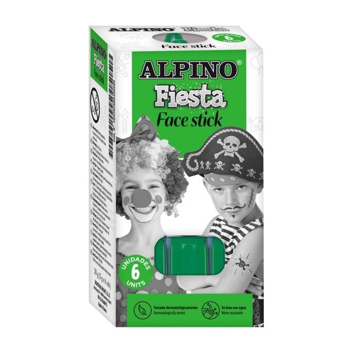 Alpino Fiesta Face Stick Pack con 6 Barritas de Pintura Facial - Sistema Retractil Giratorio - Se Lava con Agua - Testado Dermatologicamente - Color Verde