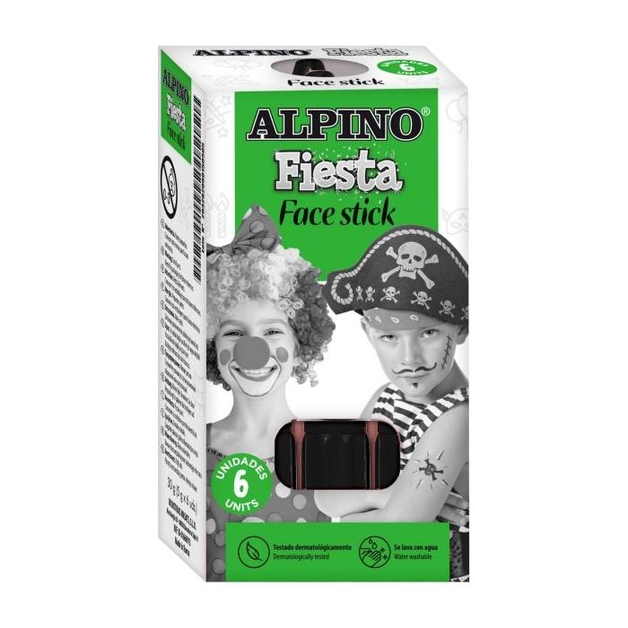 Alpino Fiesta Face Stick Pack con 6 Barritas de Pintura Facial - Sistema Retractil Giratorio - Se Lava con Agua - Testado Dermatologicamente - Color Negro