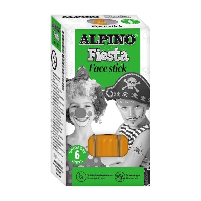 Alpino Fiesta Face Stick Pack con 6 Barritas de Pintura Facial - Sistema Retractil Giratorio - Se Lava con Agua - Testado Dermatologicamente - Color Naranja