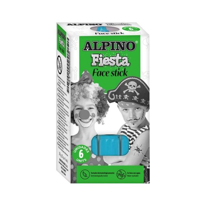 Alpino Fiesta Face Stick Pack con 6 Barritas de Pintura Facial - Sistema Retractil Giratorio - Se Lava con Agua - Testado Dermatologicamente - Color Azul Cyan